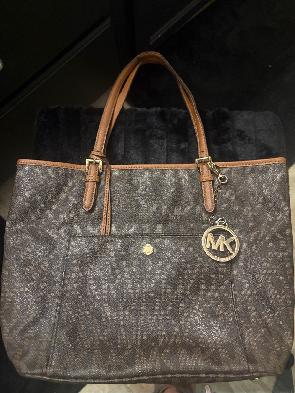Michael Kors Brown MK Monogram Tote with Tan Leather Trim